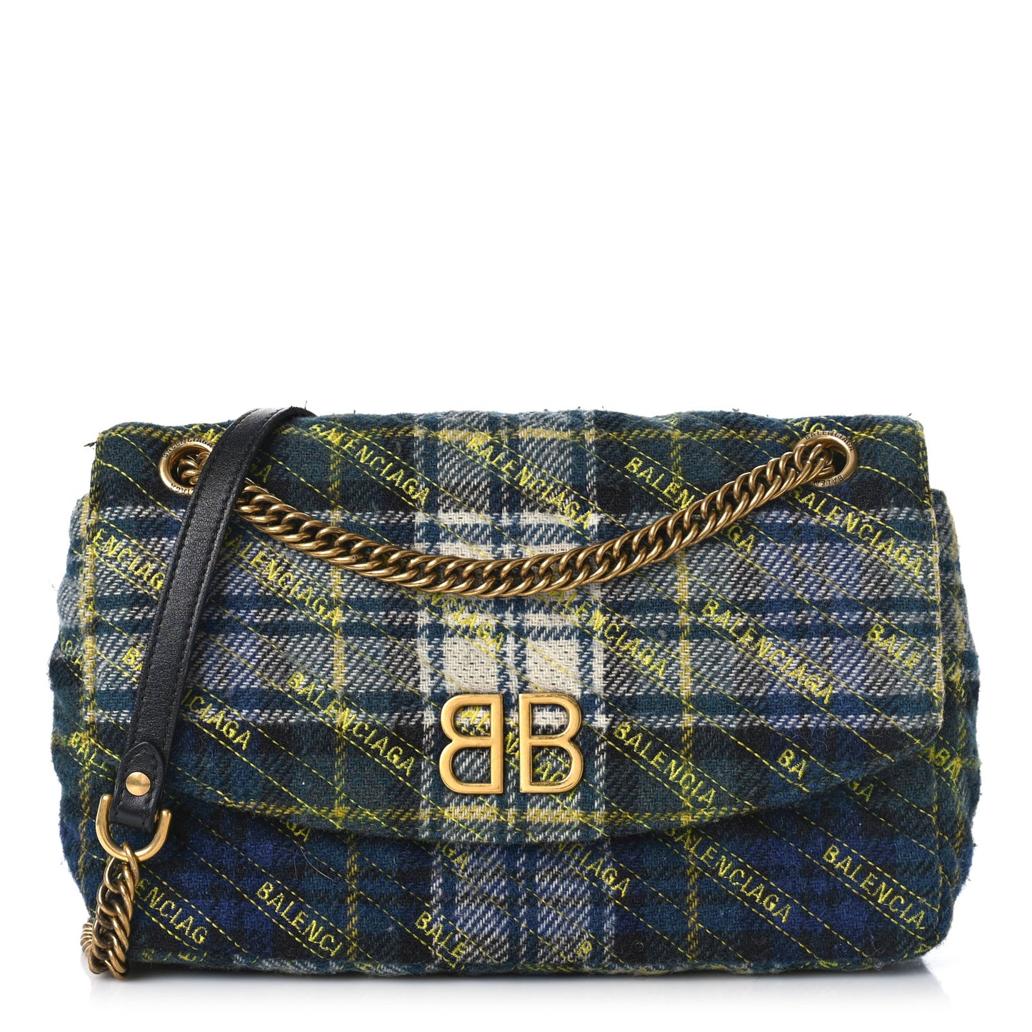 Wool Plaid Diagonal Allover Logo Matelasse M BB Round Shoulder Bag Green Blue Yellow