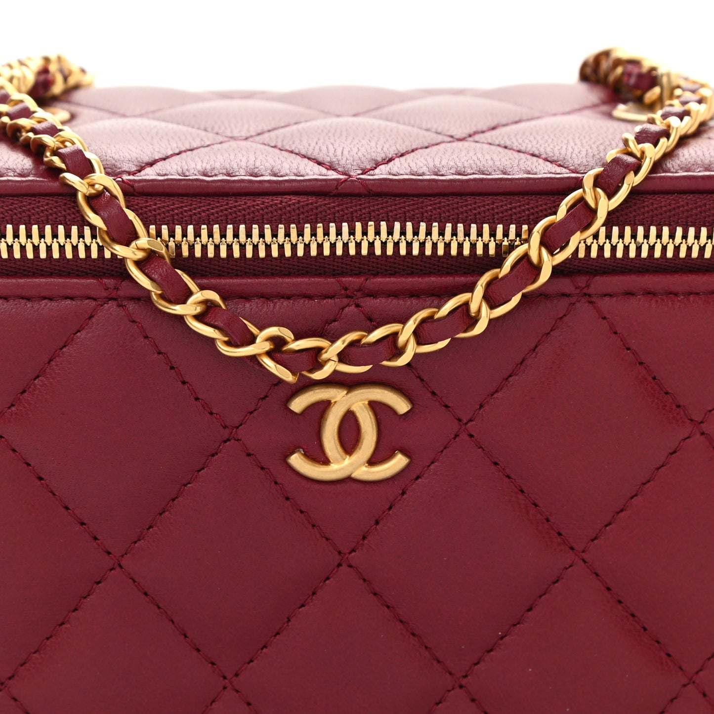 Lambskin Quilted Small Vanity Case With Chain Dark Red