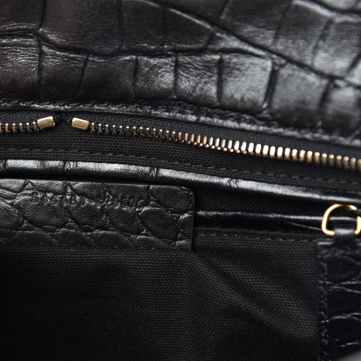 Calfskin Crocodile Embossed Small Skull Padlock Zip Around Tote Black