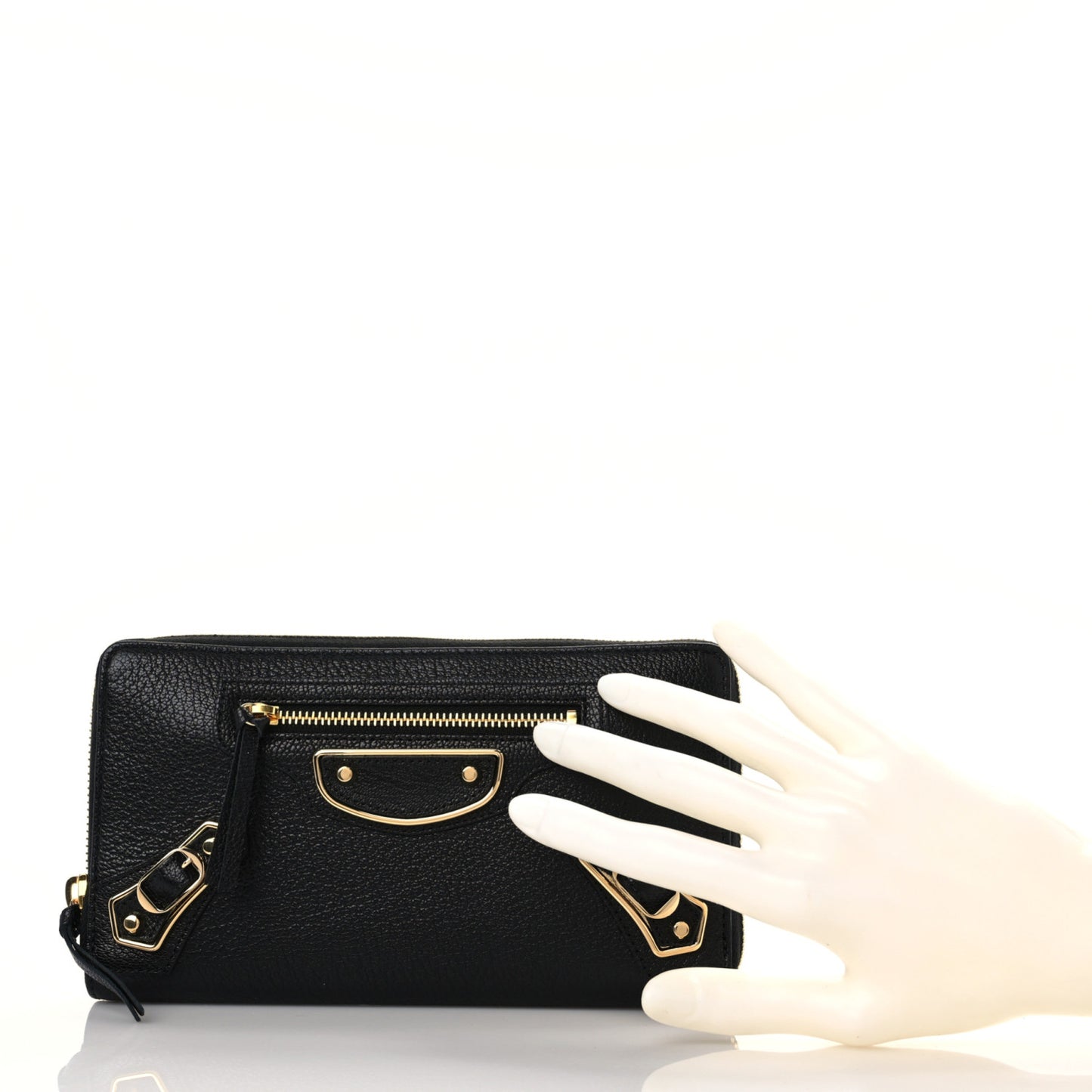 Chevre Gold Metallic Edge Hardware Zip Around Wallet Black