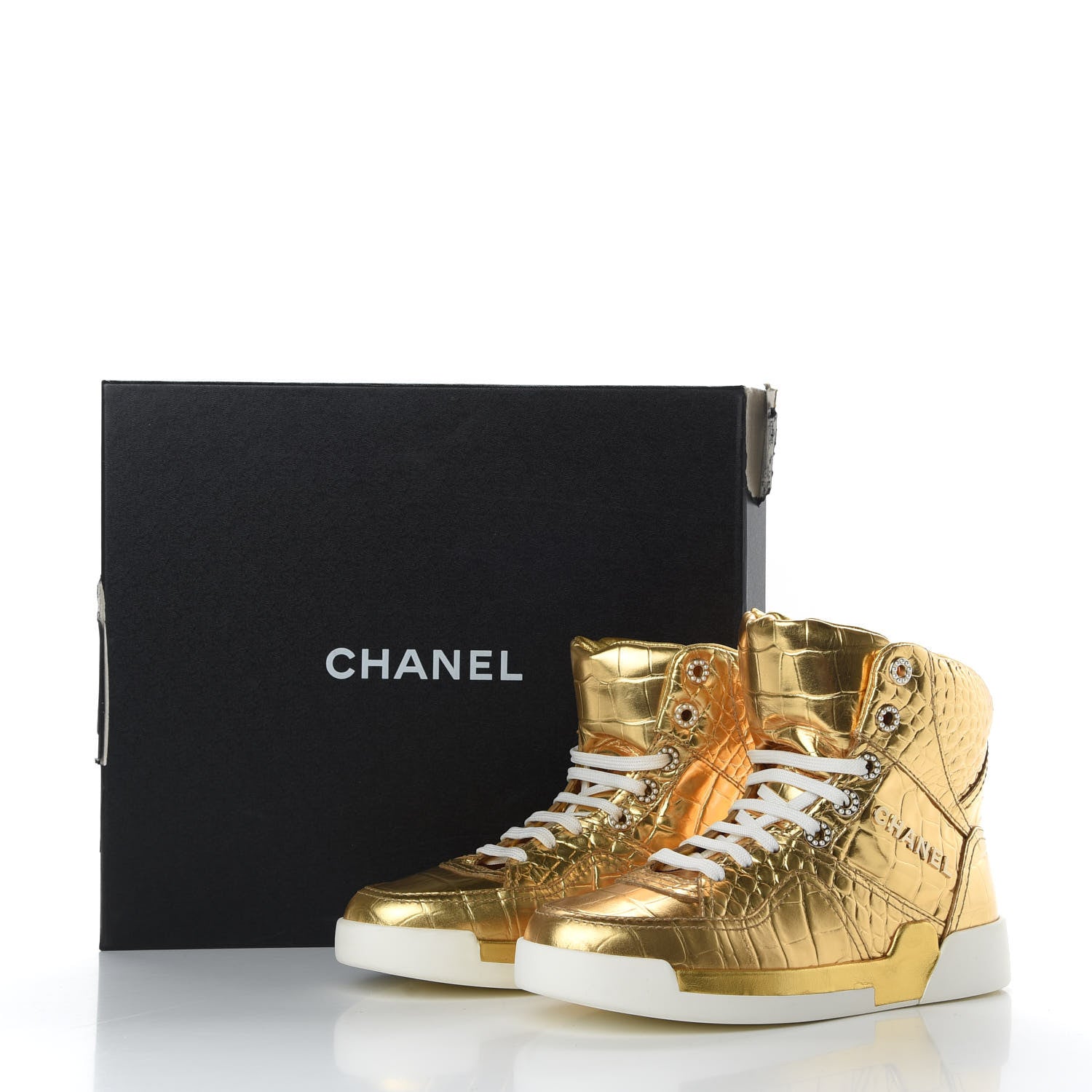 Chanel Metallic Calfskin Crocodile Embossed Cocodile High Top Sneakers 37 Gold 8 of 8
