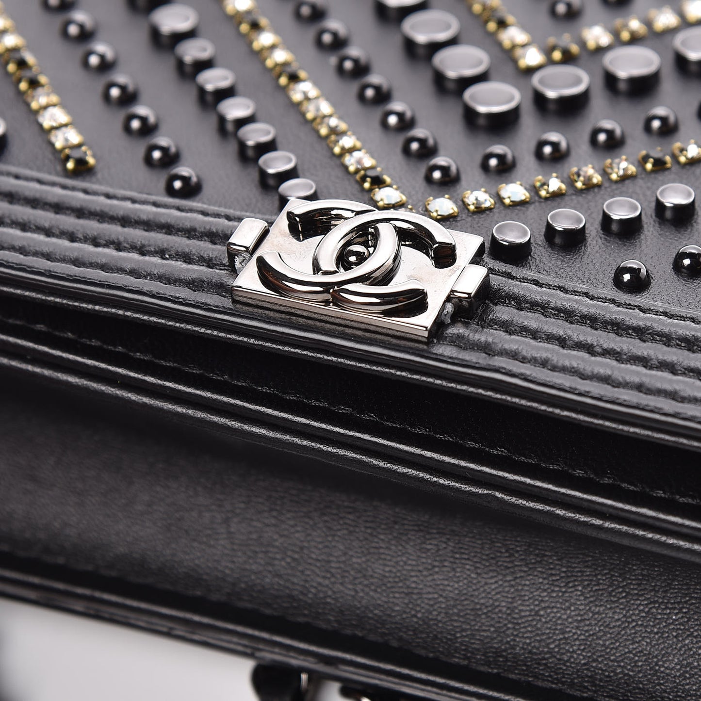 Calfskin Crystal Studded Chevron Boy Wallet On Chain WOC Black