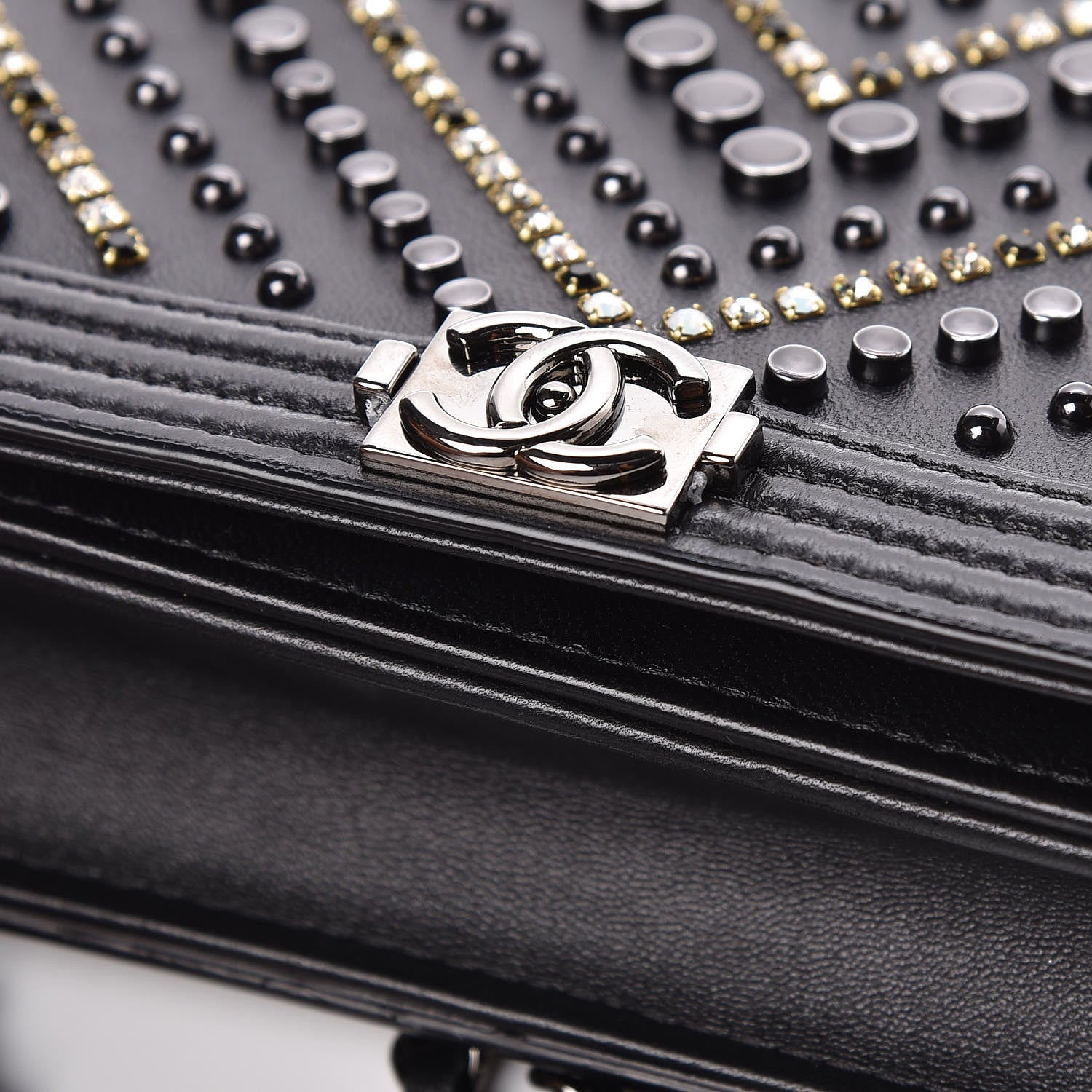Chanel Calfskin Crystal Studded Chevron Boy Wallet On Chain WOC Black 12 of 17