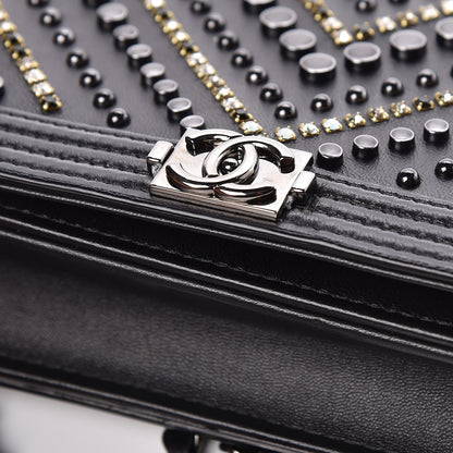 Chanel Calfskin Crystal Studded Chevron Boy Wallet On Chain WOC Black 12 of 17
