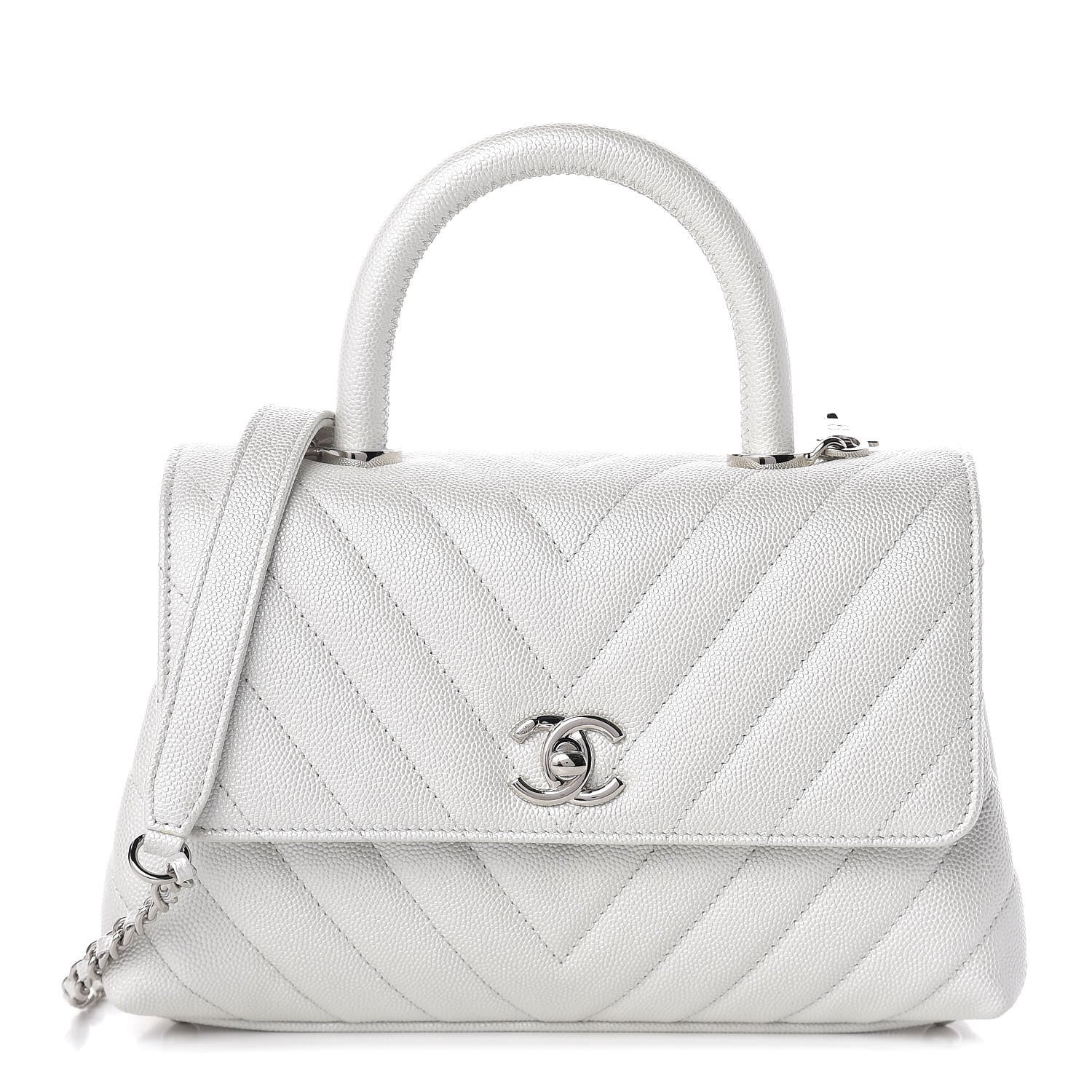 Chanel Iridescent Caviar Chevron Quilted Mini Coco Handle Flap White 1 of 11