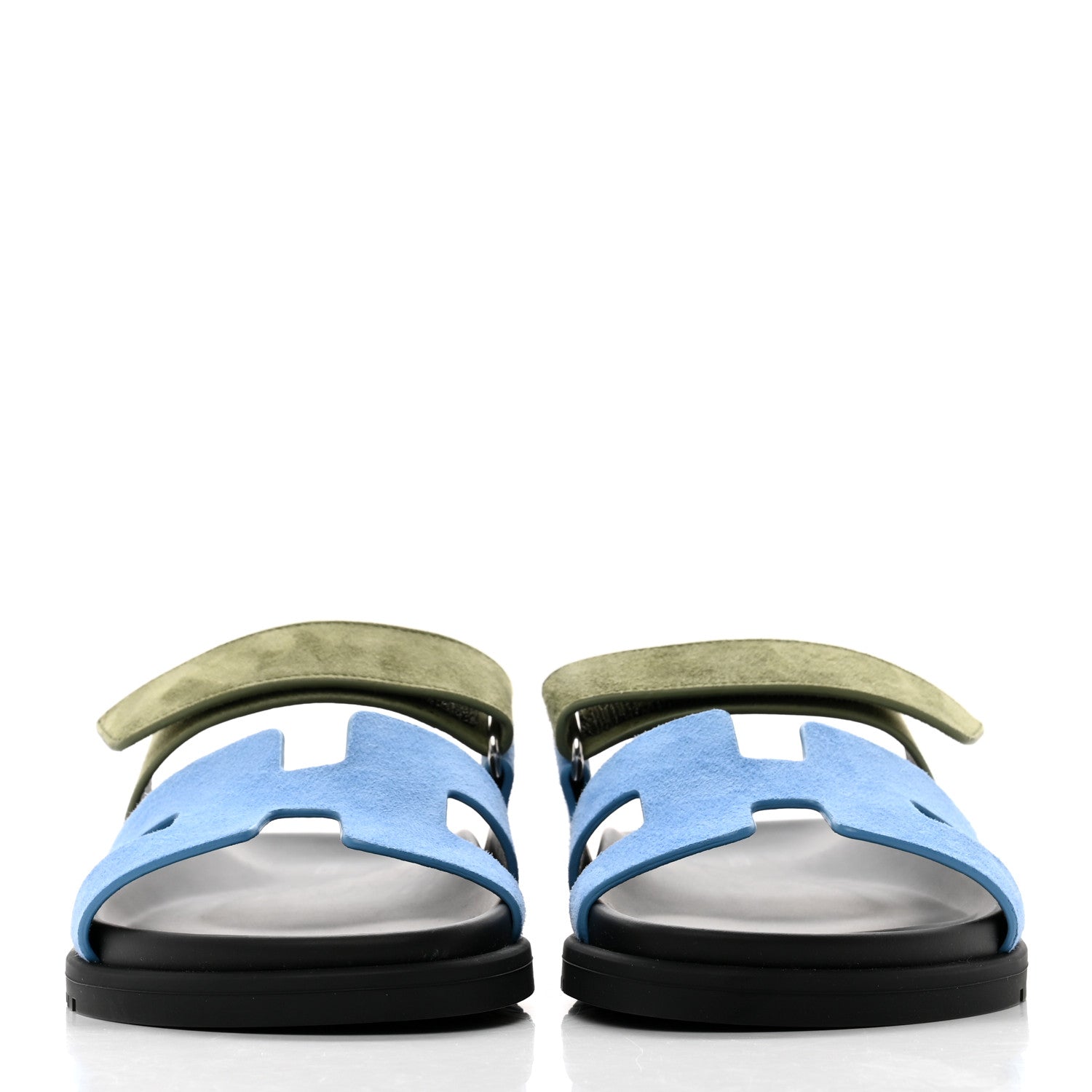 Hermes Suede Goatskin Womens Chypre Sandals 37 Bleu Cameo Vert 2 of 9