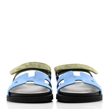 Hermes Suede Goatskin Womens Chypre Sandals 37 Bleu Cameo Vert 2 of 9