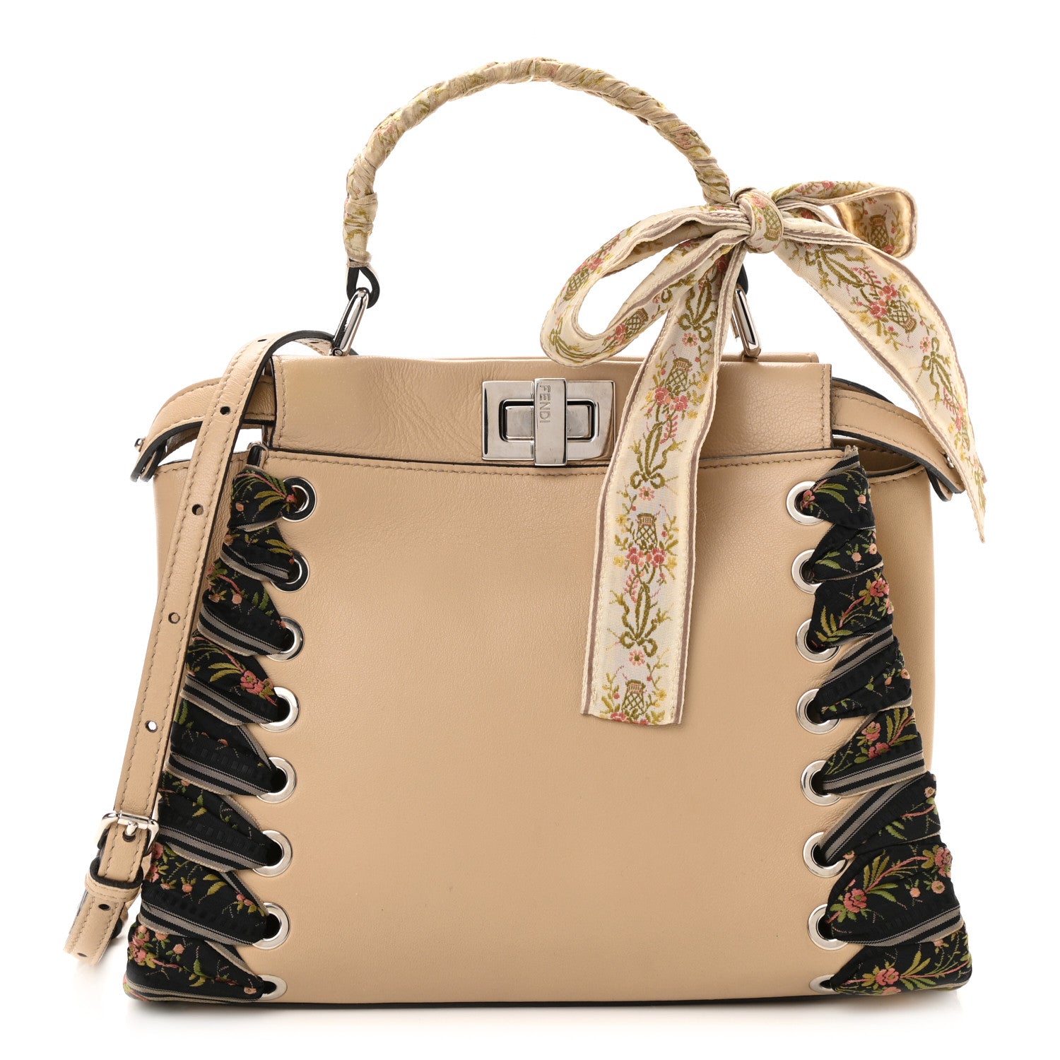 Fendi Nappa Ribbon Lace Up Mini Peekaboo Iconic Satchel Beige 1 of 10