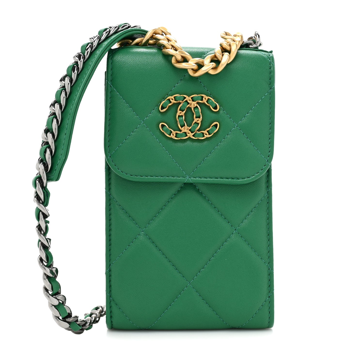 Lambskin Quilted Chanel 19 Phone Holder With Chain Green