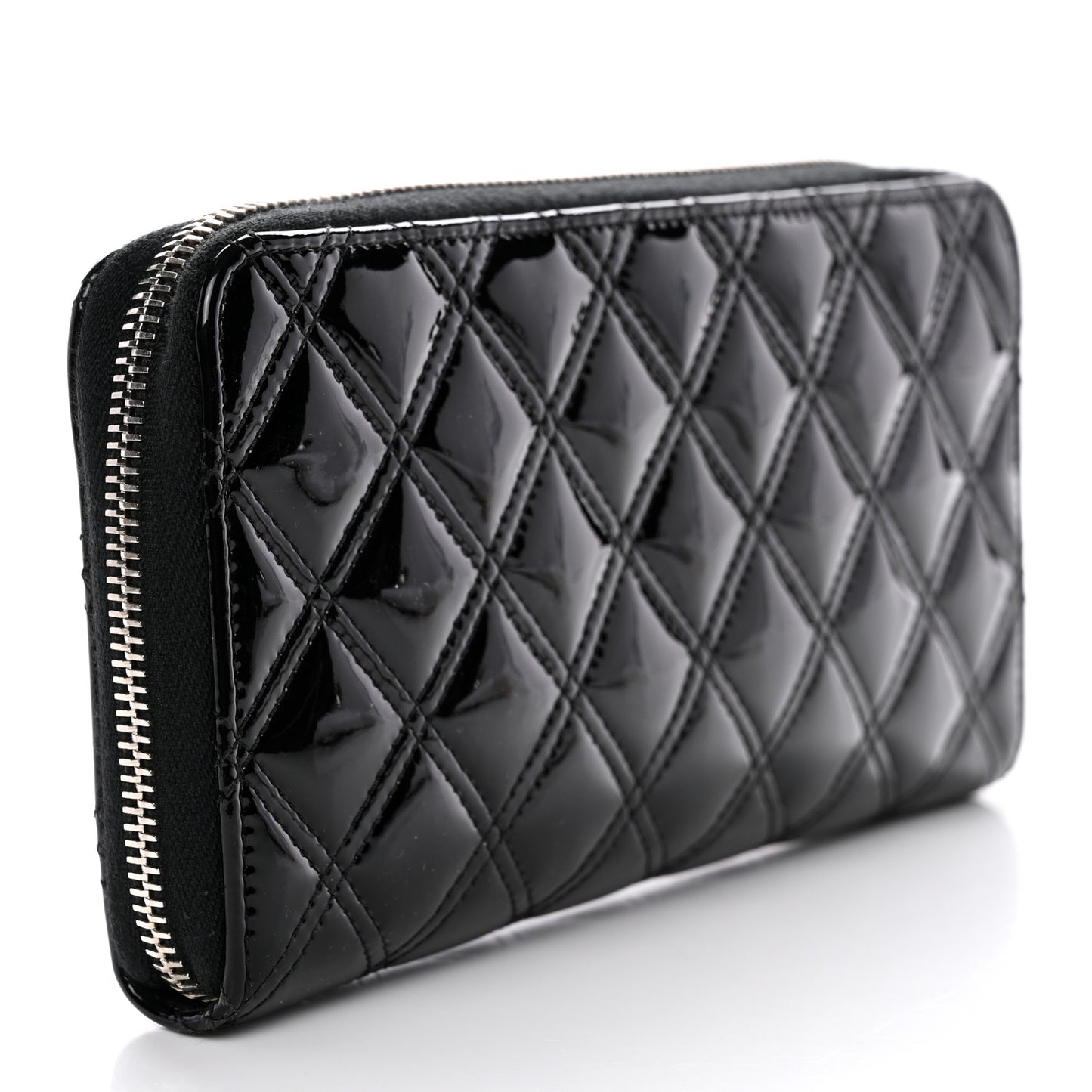 Patent Quilted Double Stitched Zip Around Wallet Black