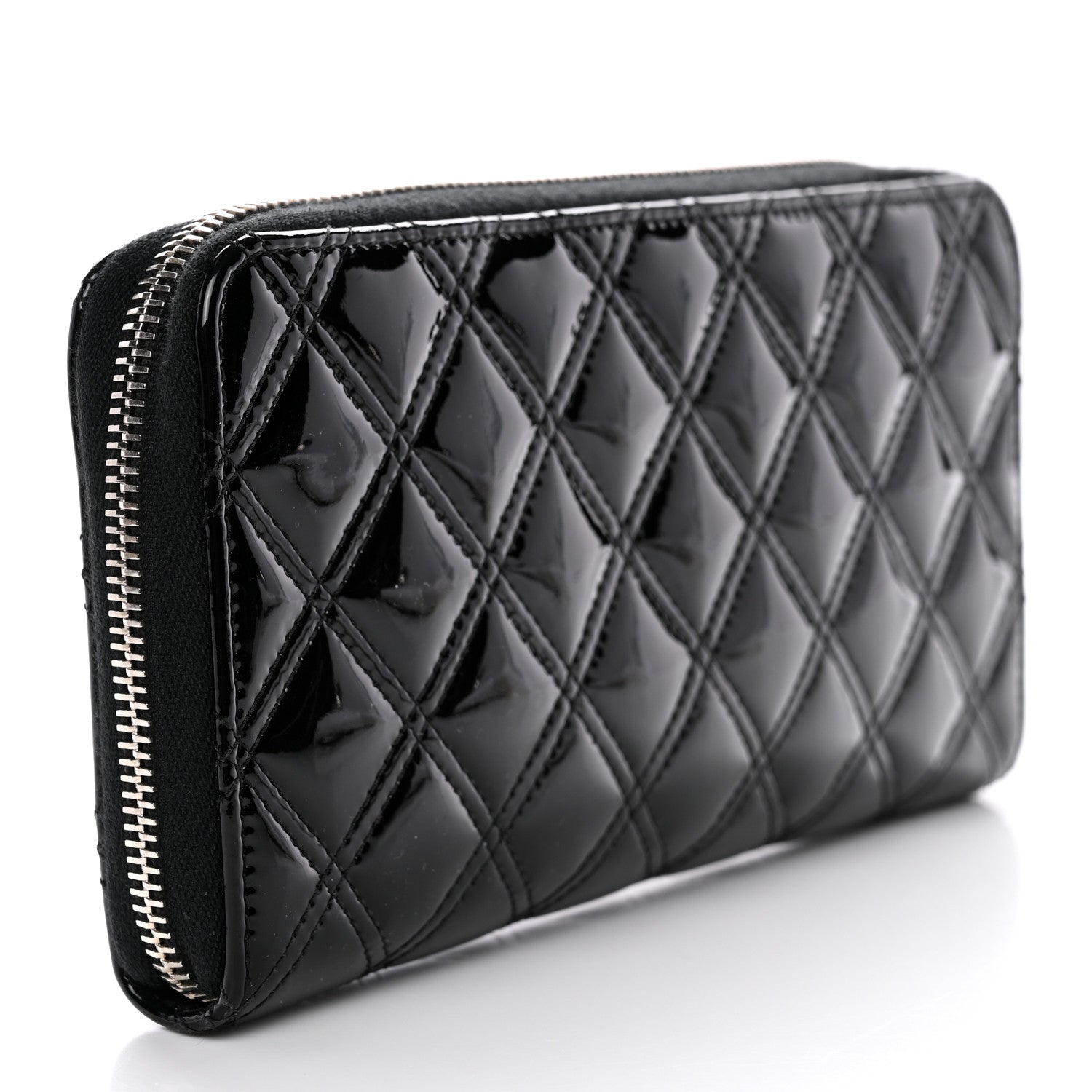 Chanel Patent Quilted Double Stitched Zip Around Wallet Black 3 of 12