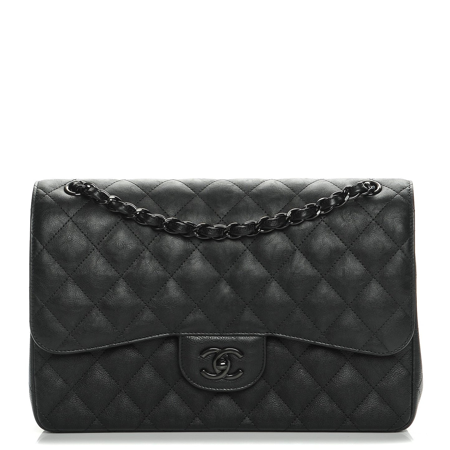 Crumpled Calfskin Quilted Jumbo Double Flap So Black