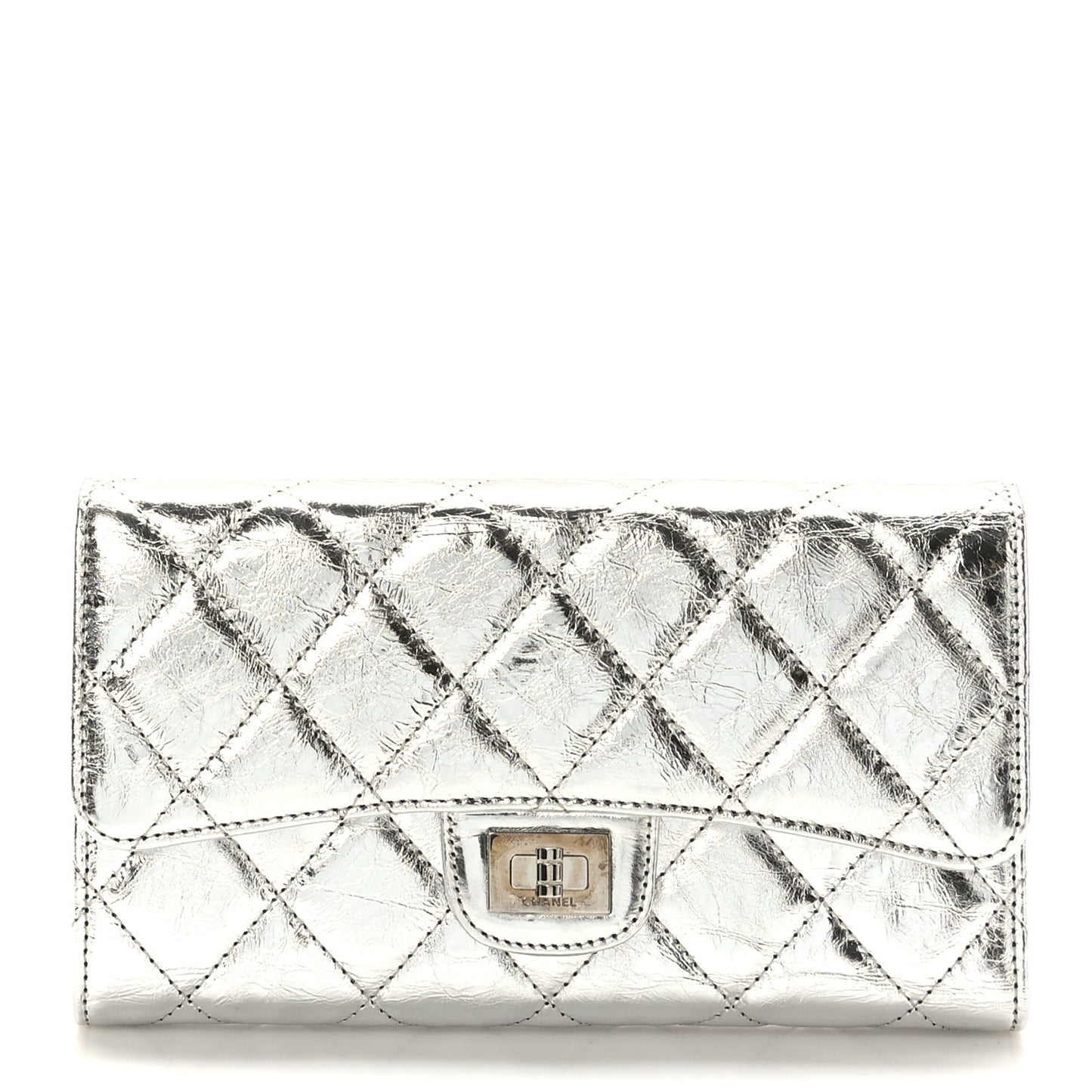 Metallic Aged Calfskin Quilted Reissue Long Flap Wallet Light Silver