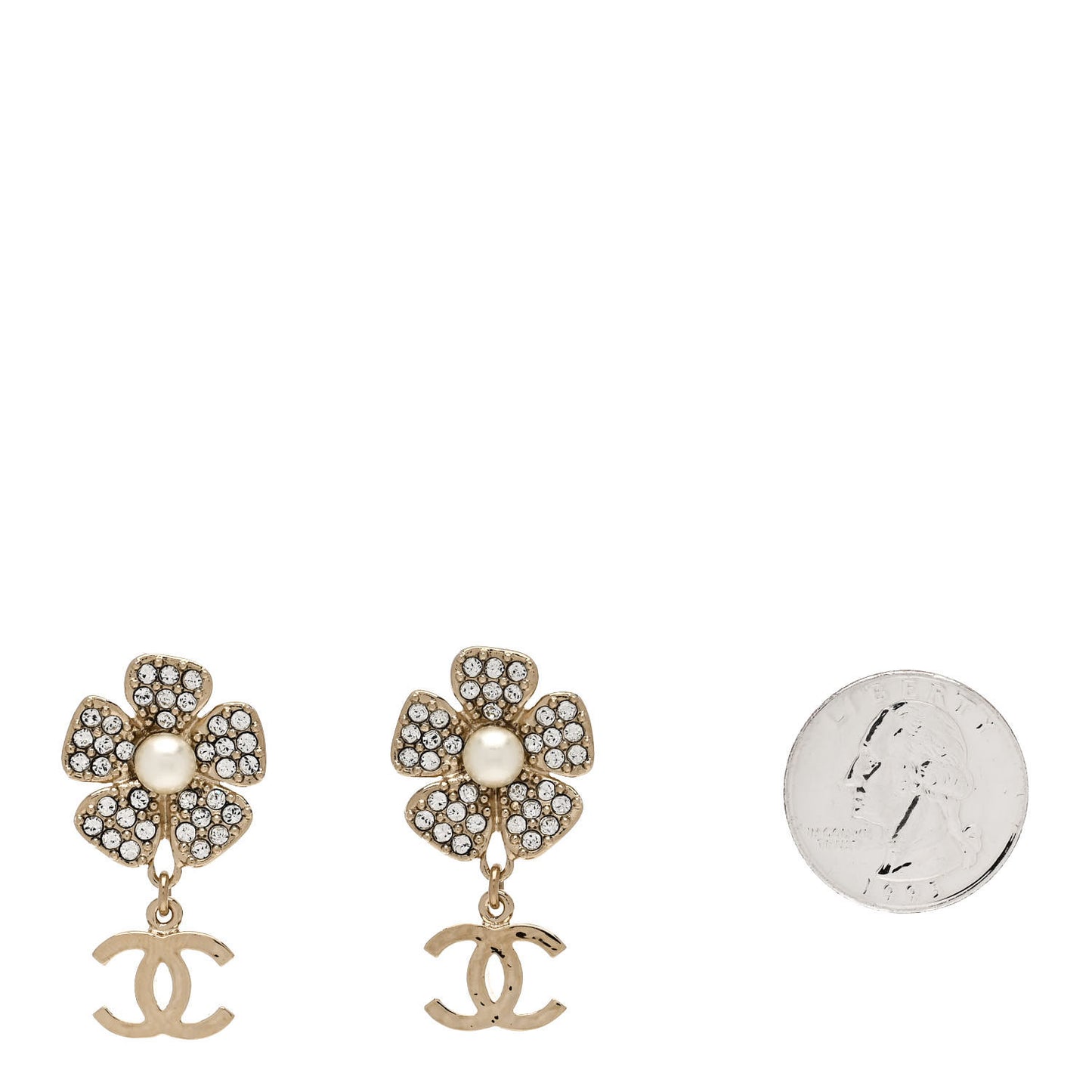 Pearl Crystal CC Flower Drop Earrings Gold White