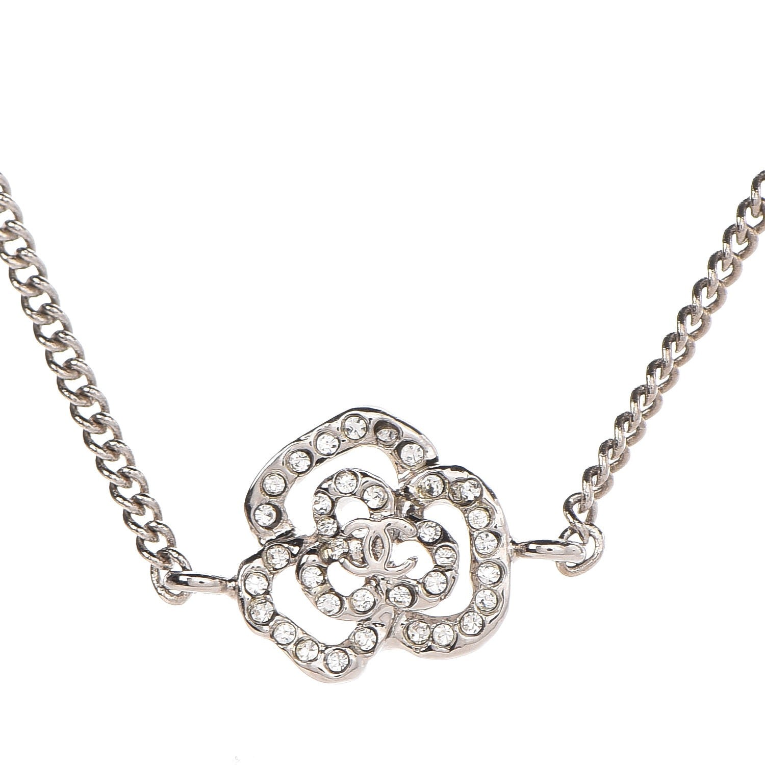 Chanel Swarovski Crystal Station Camellia CC Necklace Silver 4 of 6