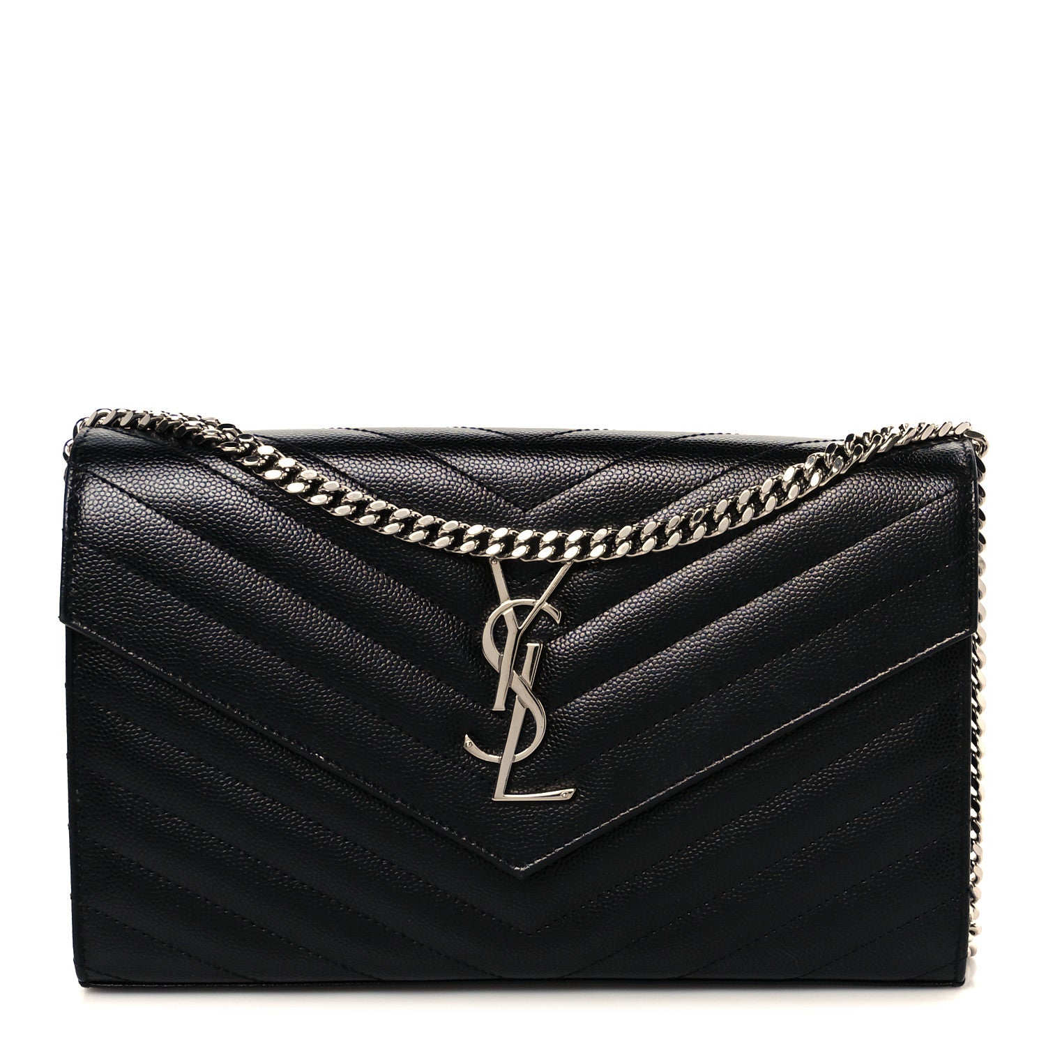 Saint Laurent Grain De Poudre Matelasse Chevron Monogram Chain Wallet Black 1 of 10