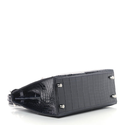 Hermes Shiny Porosus Crocodile Kelly Sellier 25 Bleu Marine 3 of 10