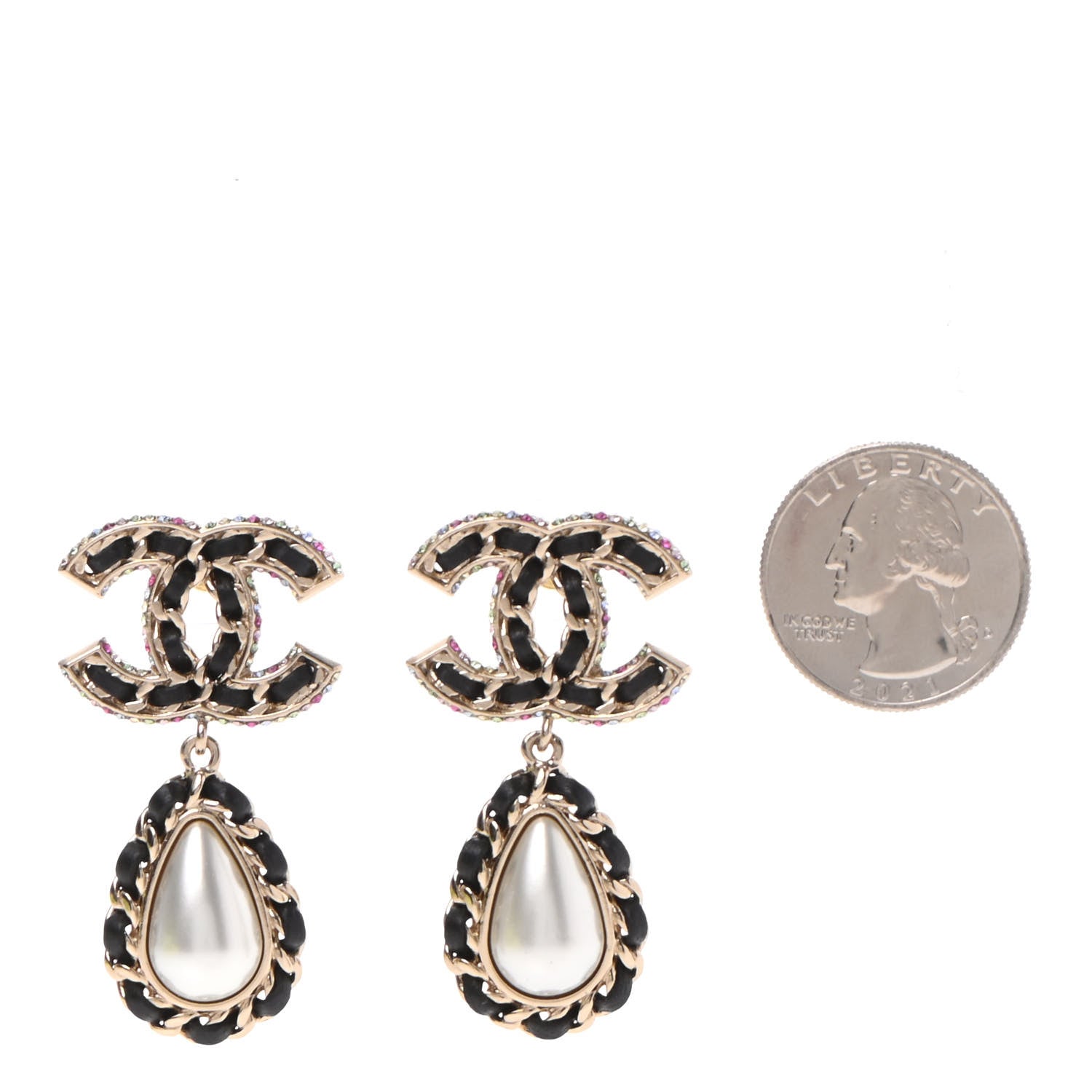 Chanel Lambskin Crystal Pearl CC Drop Earrings Gold Pearly White Black Multicolor 2 of 5