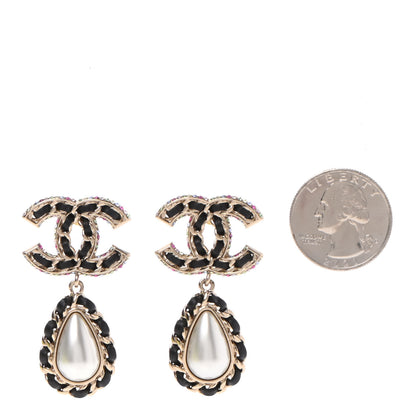 Chanel Lambskin Crystal Pearl CC Drop Earrings Gold Pearly White Black Multicolor 2 of 5