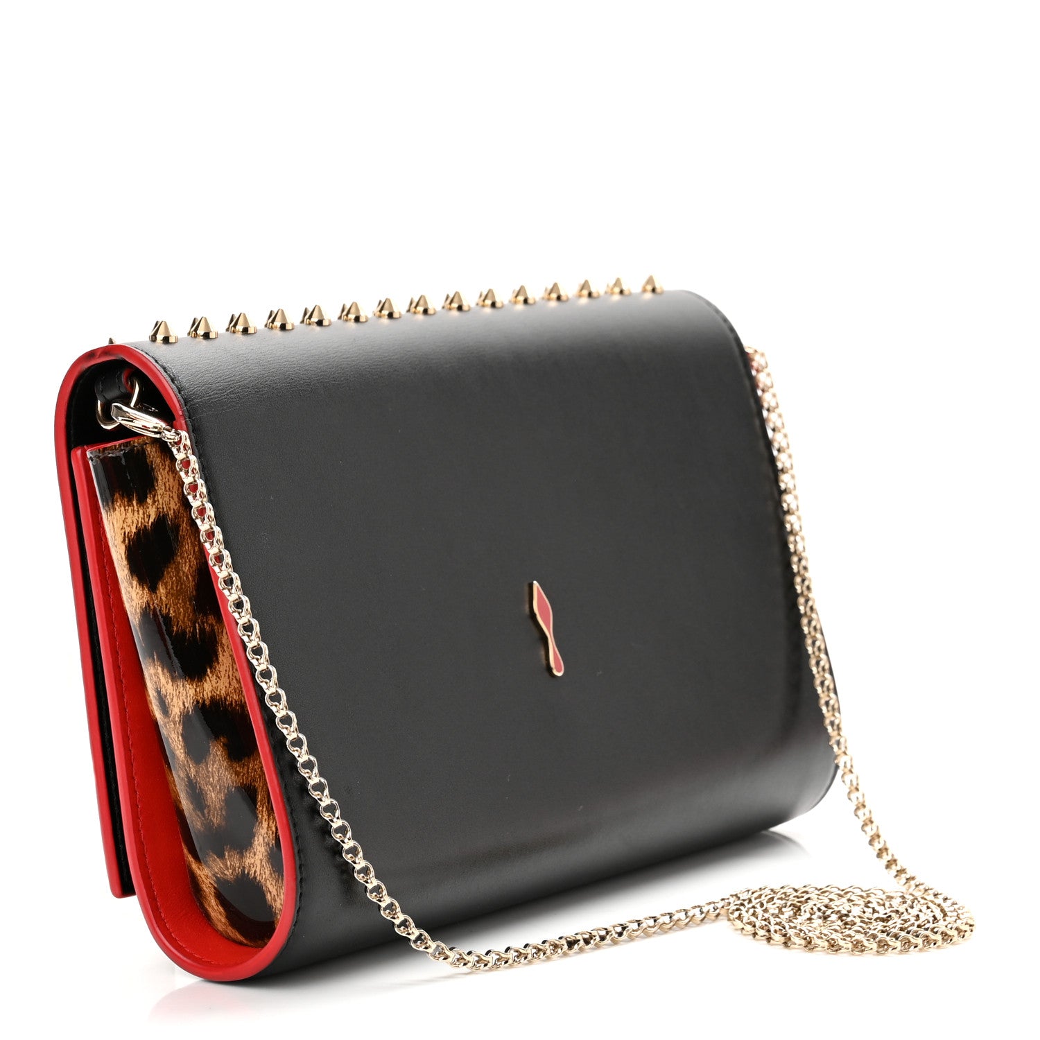 Christian Louboutin Calfskin Patent Leopard Spikes Paloma Clutch Black 3 of 10