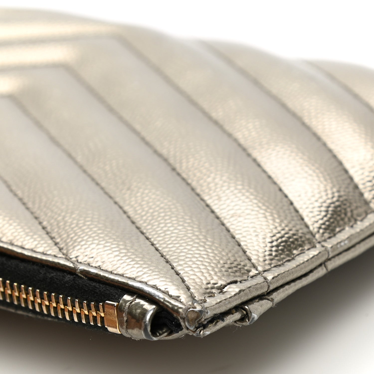 Saint Laurent Metallic Grain De Poudre Matelasse Chevron Monogram Bill Pouch Piombo 11 of 13