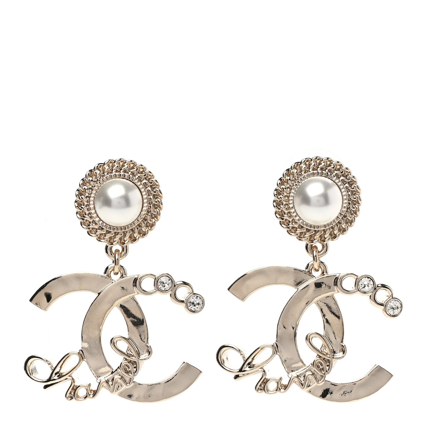 Metal Pearl Crystal Coco Script CC Drop Earrings Gold
