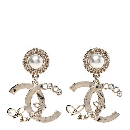 Chanel Metal Pearl Crystal Coco Script CC Drop Earrings Gold 1 of 4