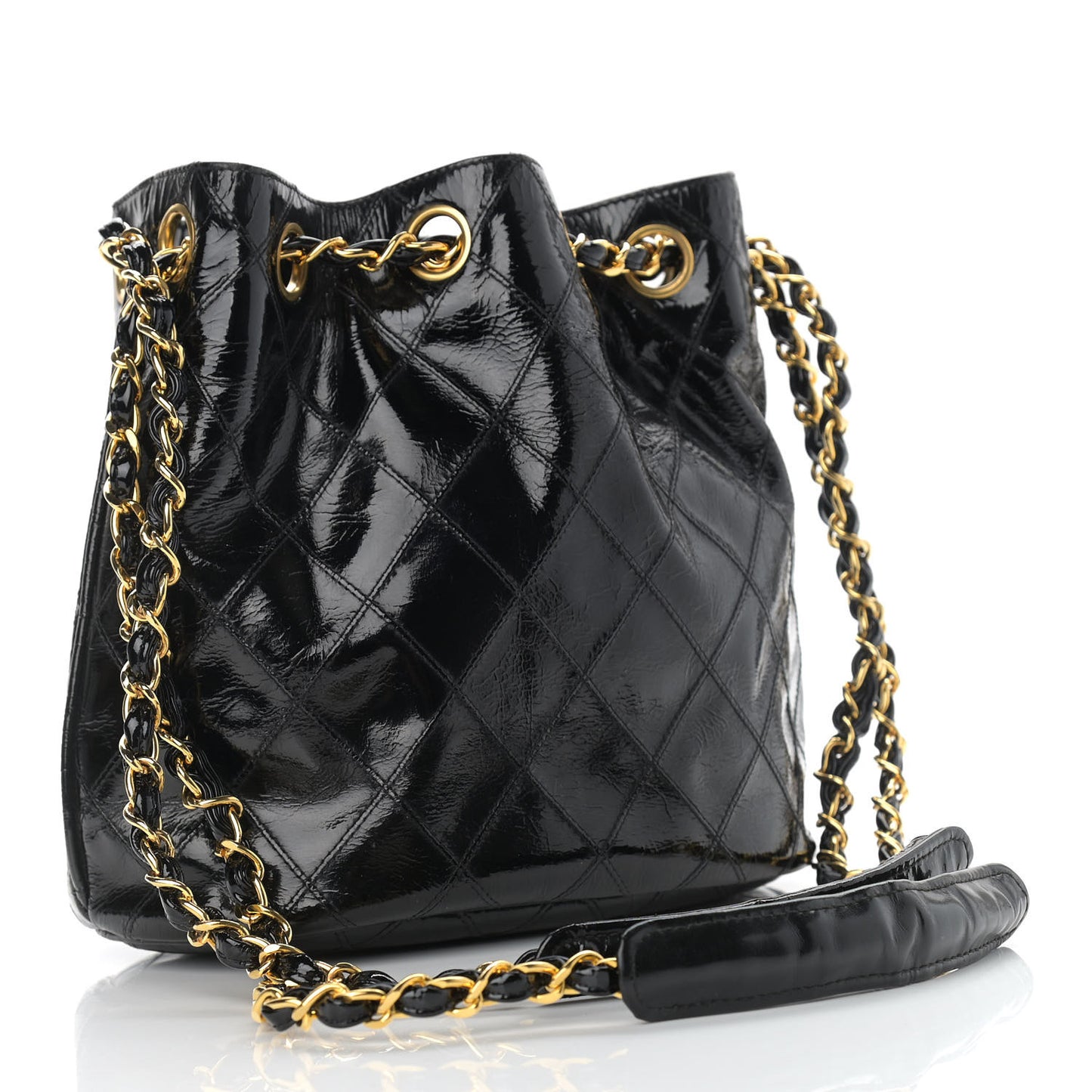 Patent Stitched Drawstring Shoulder Bag Black