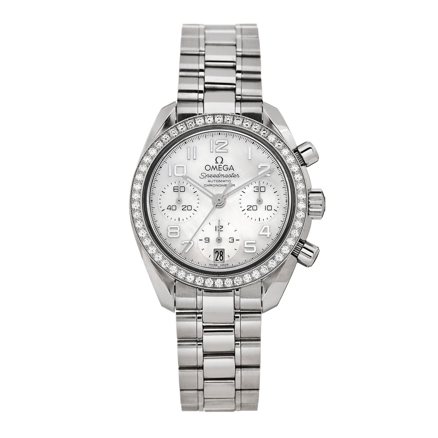 Stainless Steel Diamond Bezel Mother of Pearl 38mm Speedmaster Chronograph Automatic Watch 324.15.38.40.05.001
