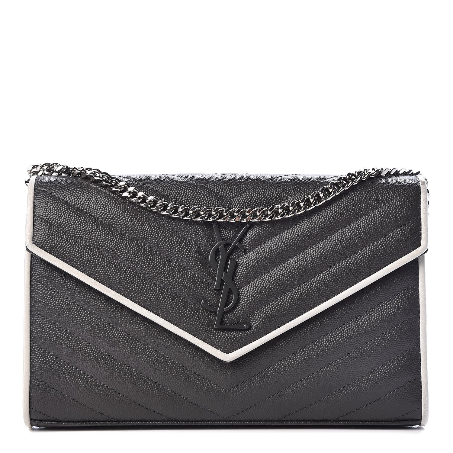 Saint Laurent Grain De Poudre Matelasse Chevron Monogram Chain Wallet Grey White 1 of 10