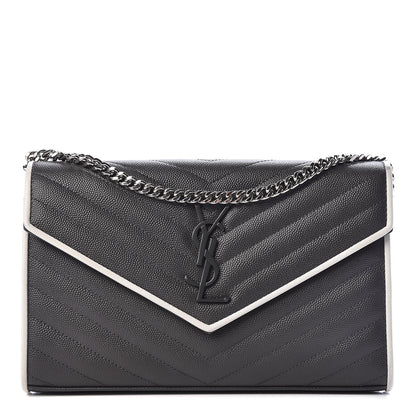 Saint Laurent Grain De Poudre Matelasse Chevron Monogram Chain Wallet Grey White 1 of 10