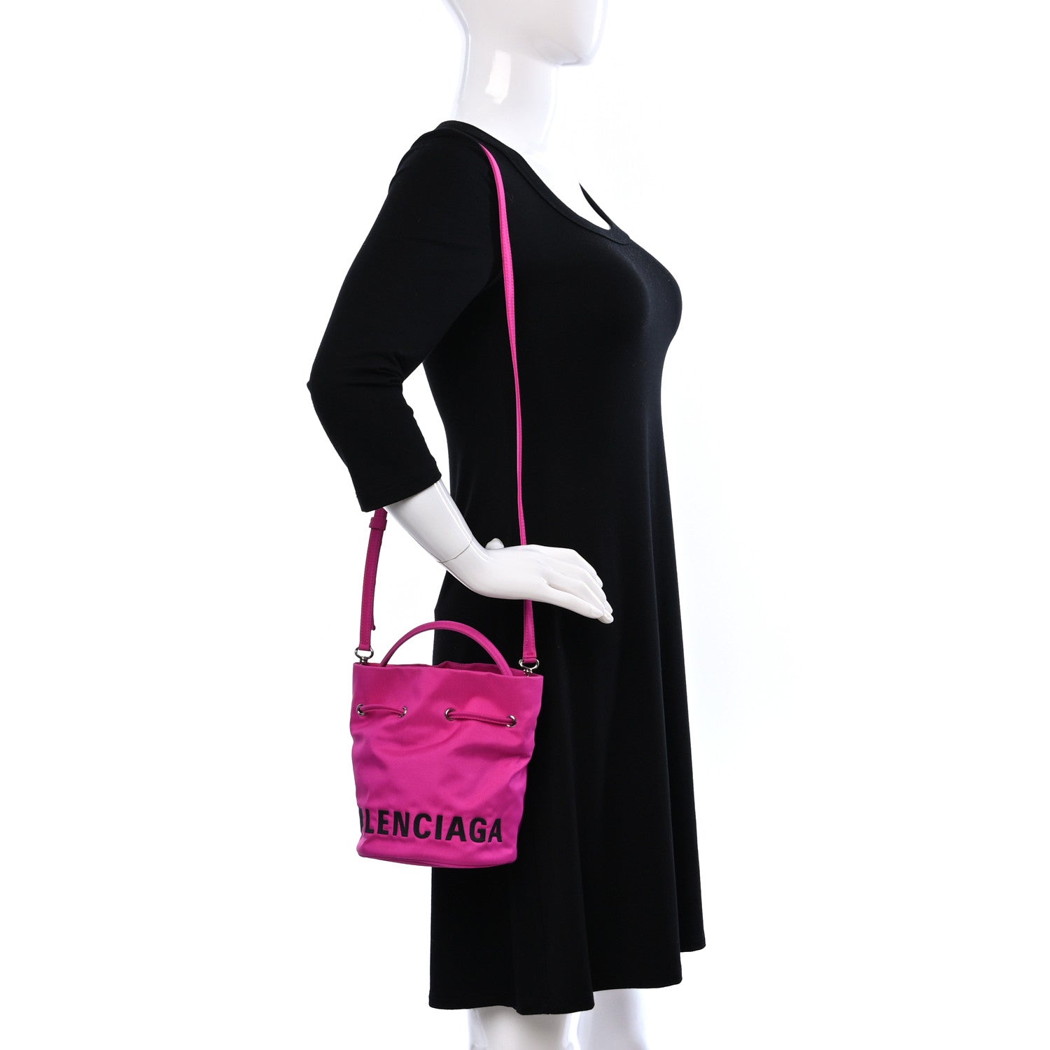 Balenciaga Recycled Sport Nylon Logo Embroidered Wheel Drawstring Bucket Bag XS Fuchsia Black 2 of 9