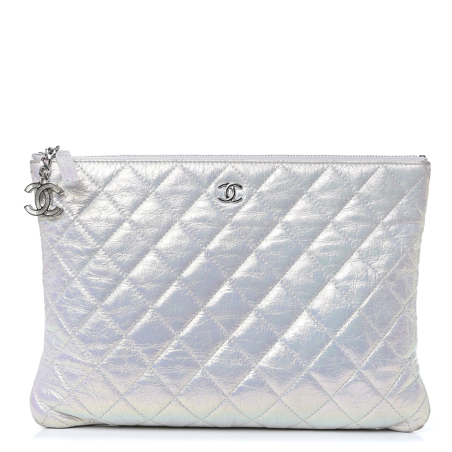 Iridescent Crumpled Calfskin CC Ripples Medium Cosmetic Case White