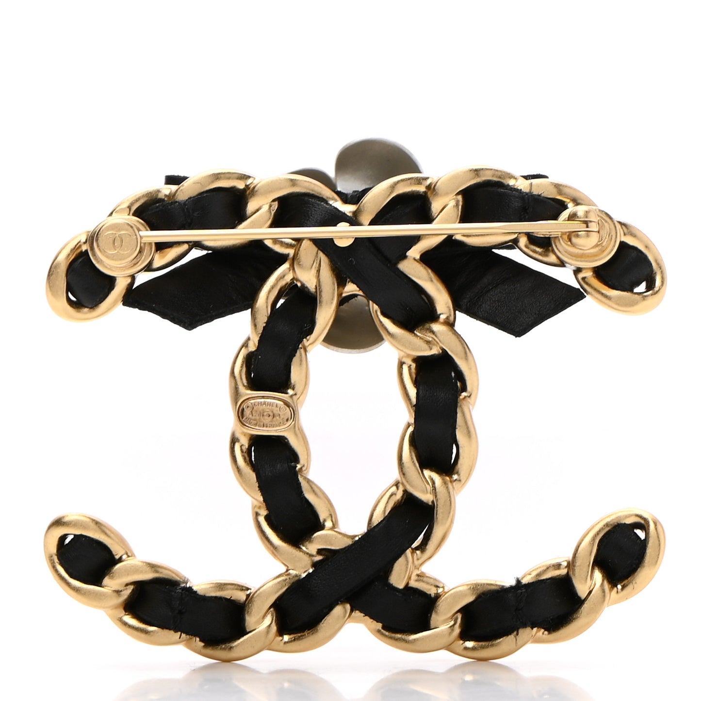 Metal Calfskin Chain 90's Camellia Brooch Black Gold