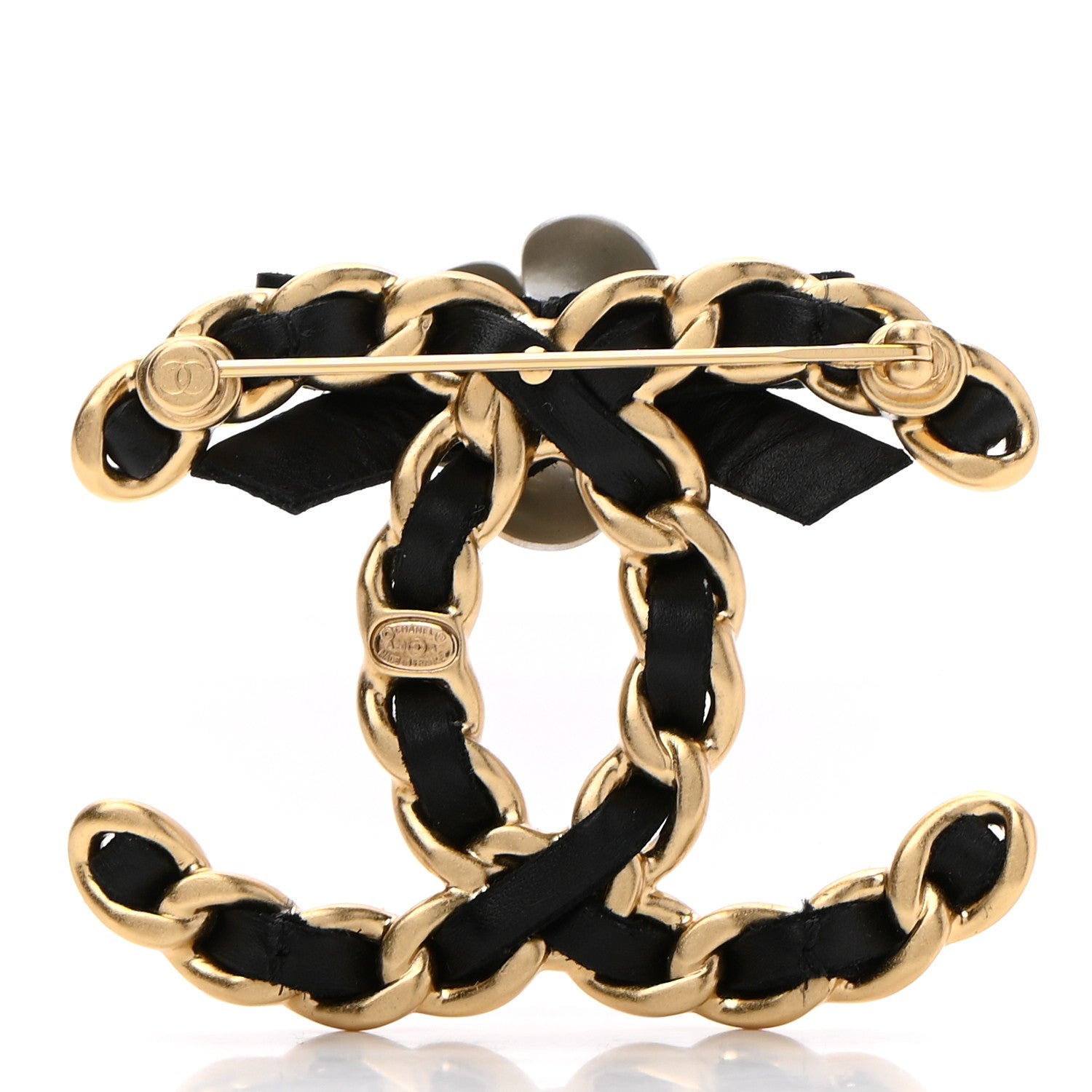 Chanel Metal Calfskin Chain 90's Camellia Brooch Black Gold 3 of 5