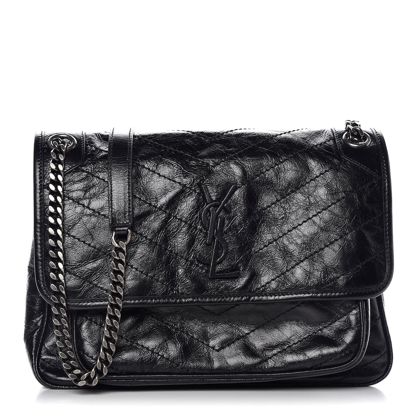 Crinkled Calfskin Matelasse Monogram Medium Niki Chain Satchel Black