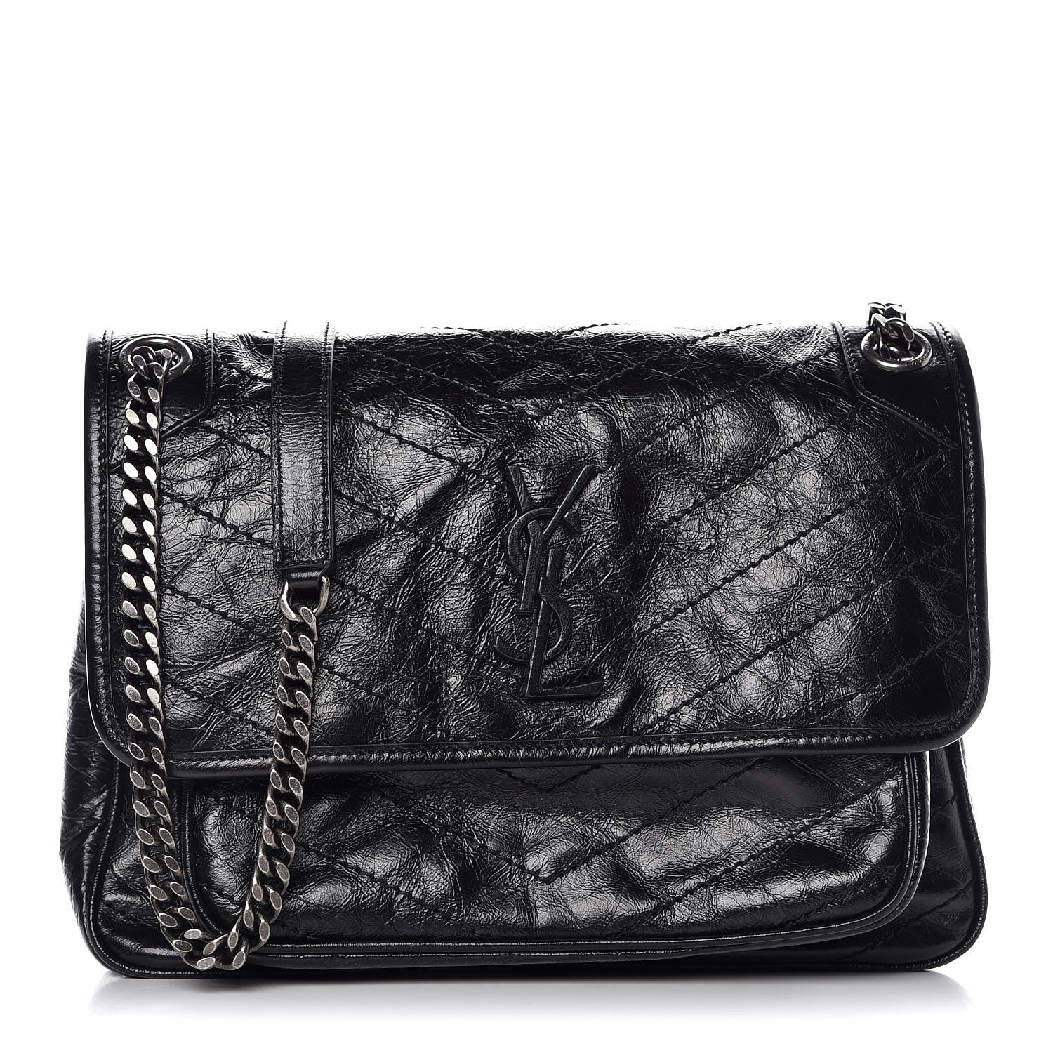Saint Laurent Crinkled Calfskin Matelasse Monogram Medium Niki Chain Satchel Black 1 of 9