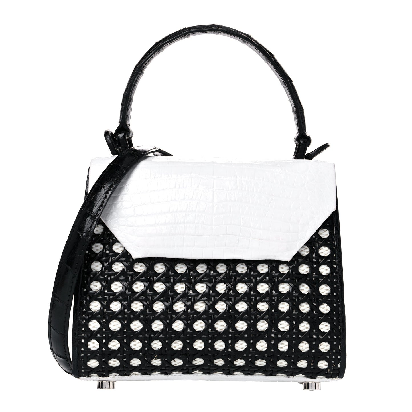 Crocodile Woven Top Handle Bag White Black