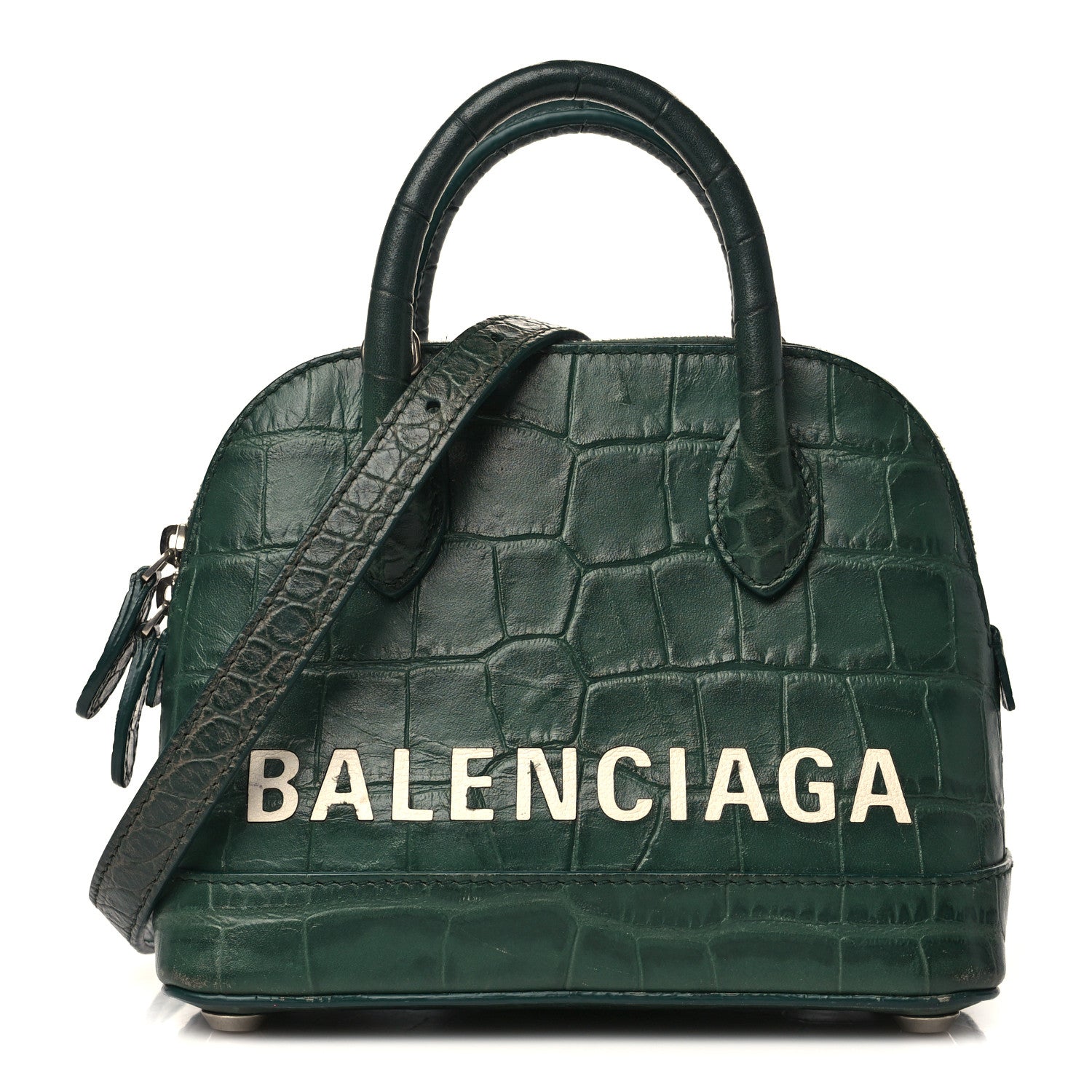 Balenciaga Calfskin Logo Crocodile Embossed XXS Ville Top Handle Bag Dark Green White 1 of 9