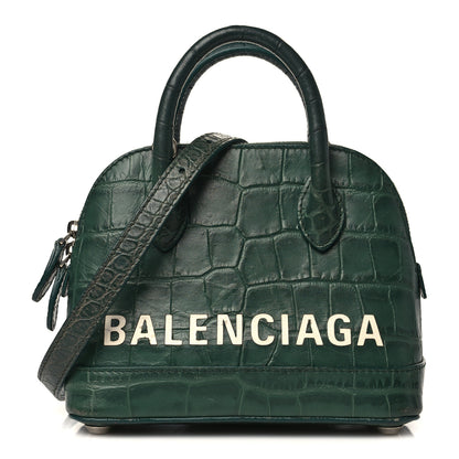 Balenciaga Calfskin Logo Crocodile Embossed XXS Ville Top Handle Bag Dark Green White 1 of 9