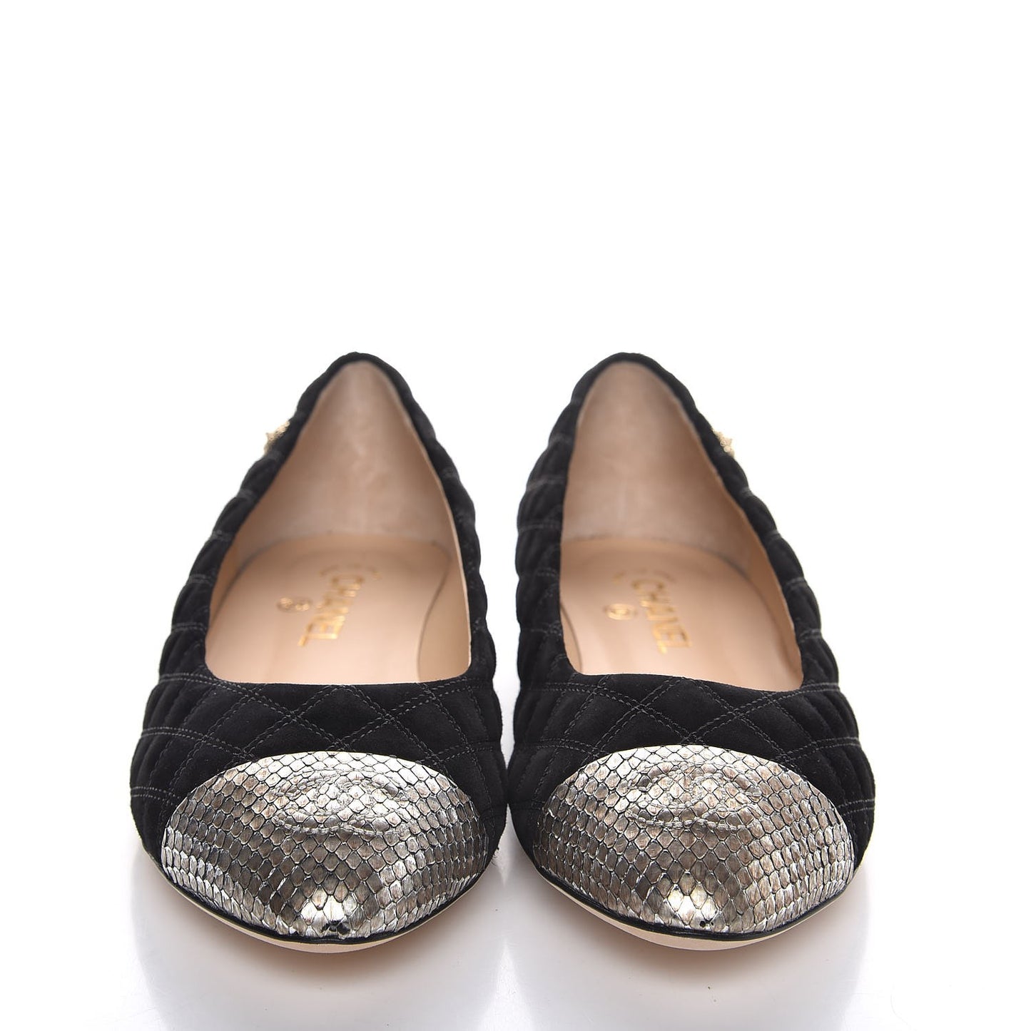 Suede Python Quilted CC Cap Toe Ballerina Flats 40.5 Black Gold