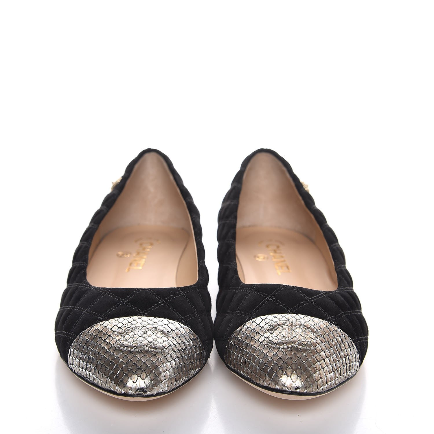 Chanel Suede Python Quilted CC Cap Toe Ballerina Flats 40.5 Black Gold 2 of 9