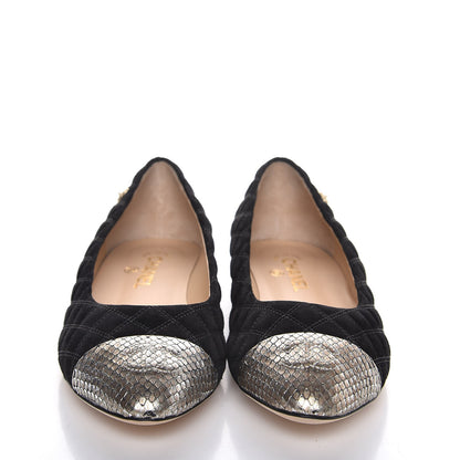 Chanel Suede Python Quilted CC Cap Toe Ballerina Flats 40.5 Black Gold 2 of 9