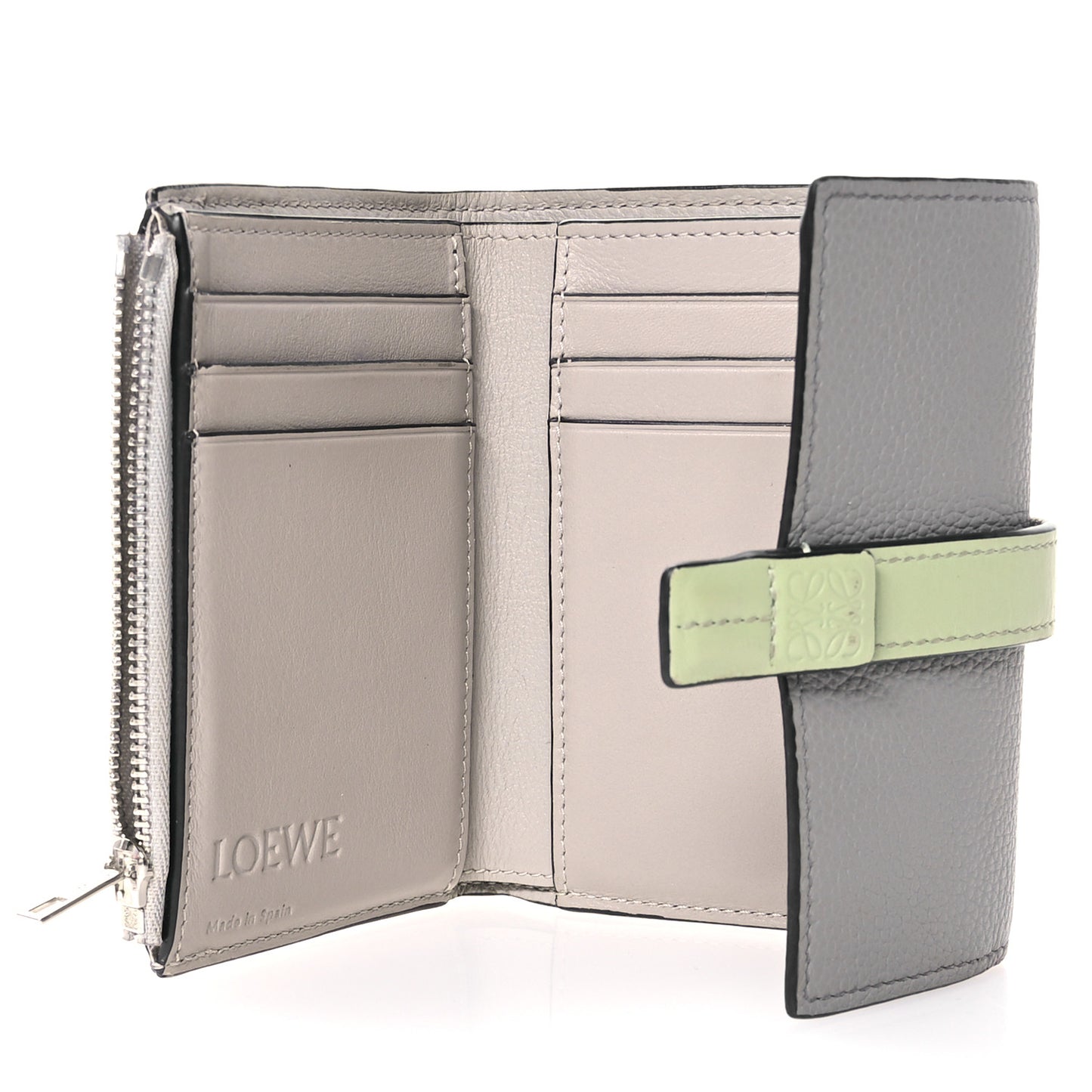 Grained Calfskin Small Vertical Wallet Pearl Grey Light Pale Green