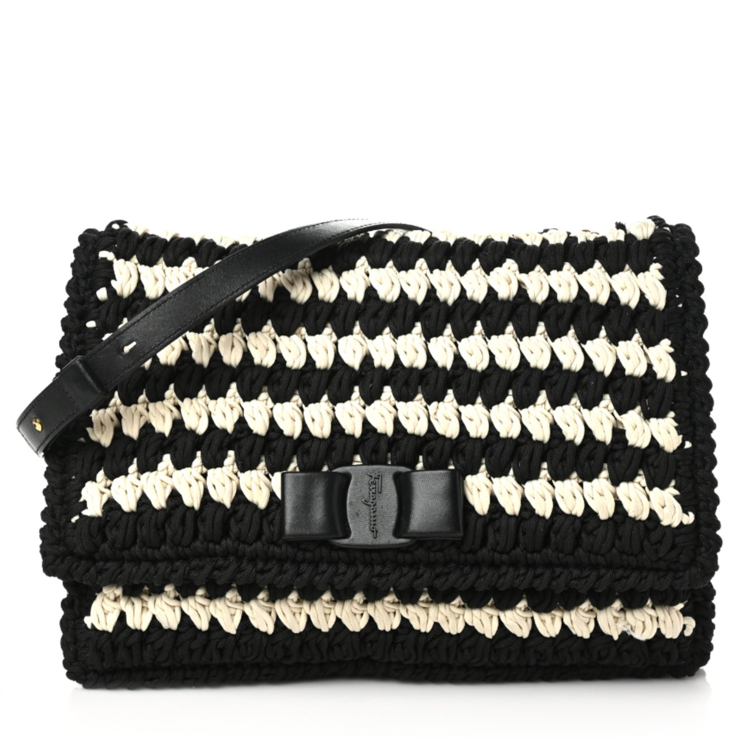 Crochet Medium Viva Bow Shoulder Bag Black White