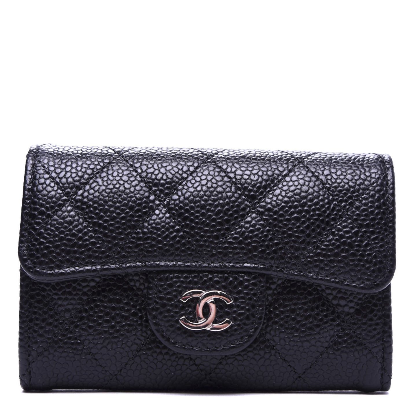 Caviar Quilted Flap Card Holder Wallet Black