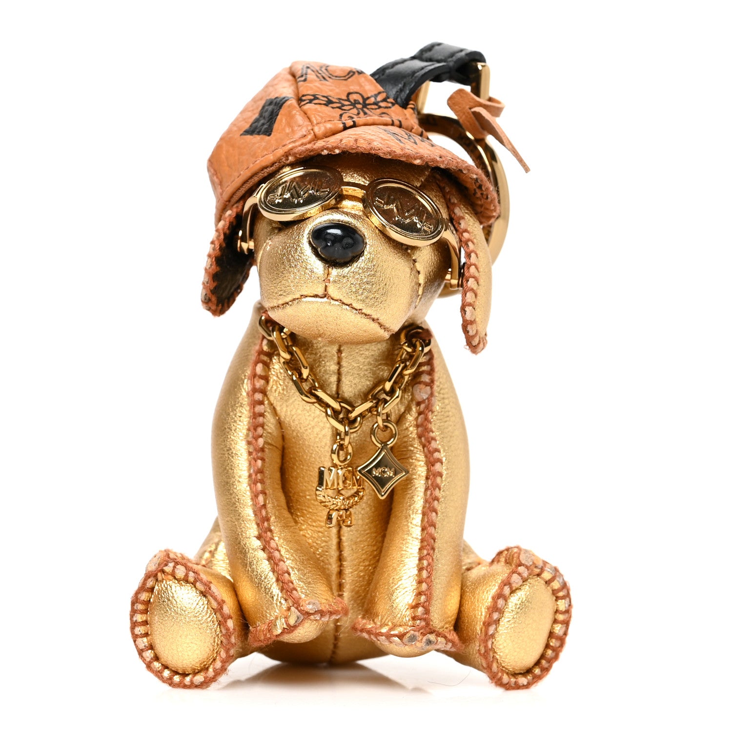 MCM Metallic Visetos Dog Key Ring Bag Charm Gold Cognac 1 of 8