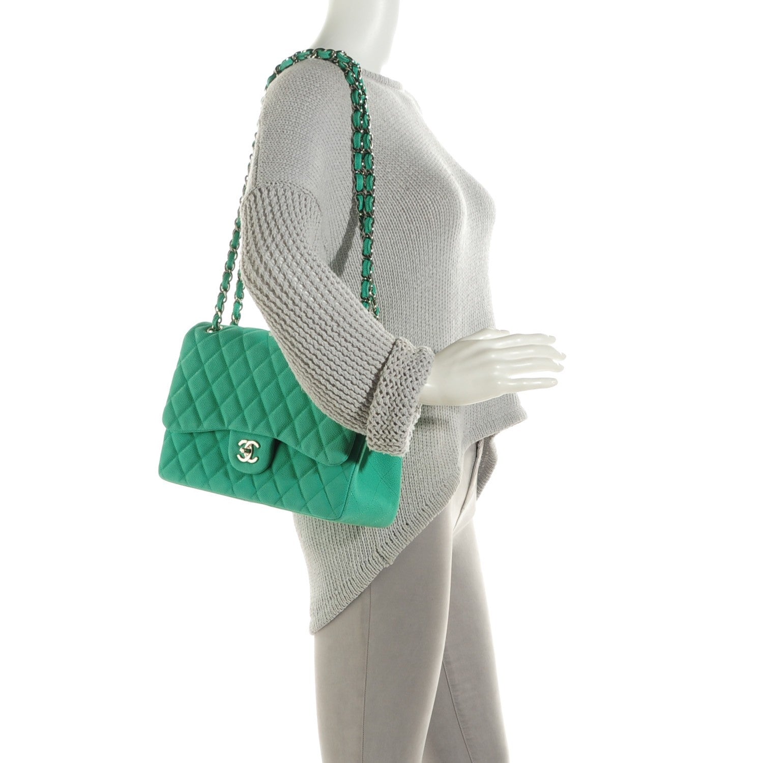 Chanel Iridescent Caviar Quilted Jumbo Double Flap Green 2 of 8