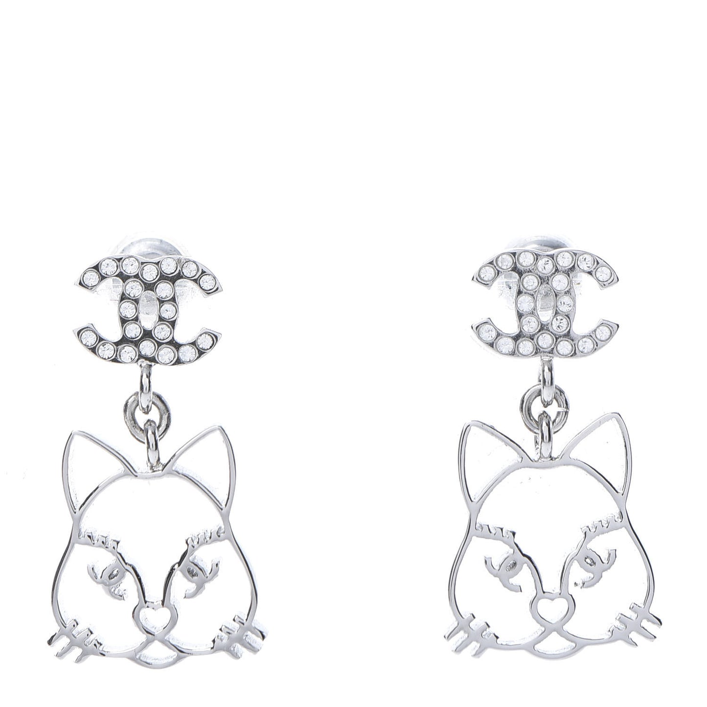 Crystal Emoji Choupette Cat CC Earrings Silver