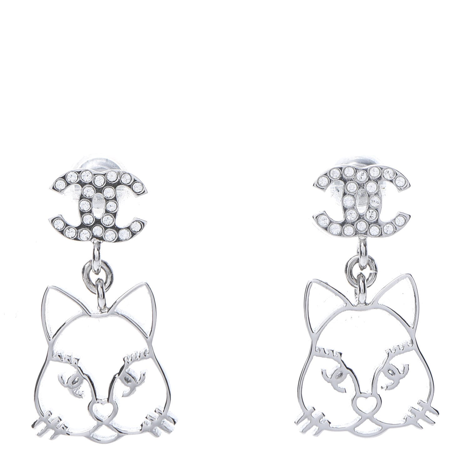 Chanel Crystal Emoji Choupette Cat CC Earrings Silver 1 of 6